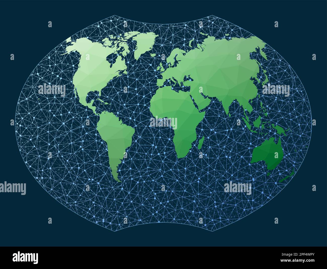 Internet et globe connecté mondial. Projection de Ginzburg 6. Carte du monde low poly verte avec fond de réseau. Illustration de Vecteur