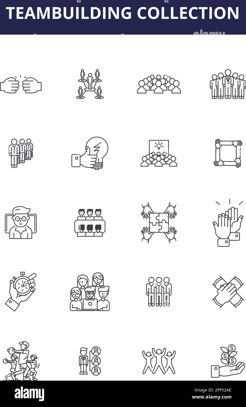 Symboles et signes vectoriels de la ligne de collection de teambuilding. Coopérative, collaboration, créativité, brise-glace, mise en réseau, Communication, moral, objectif Illustration de Vecteur