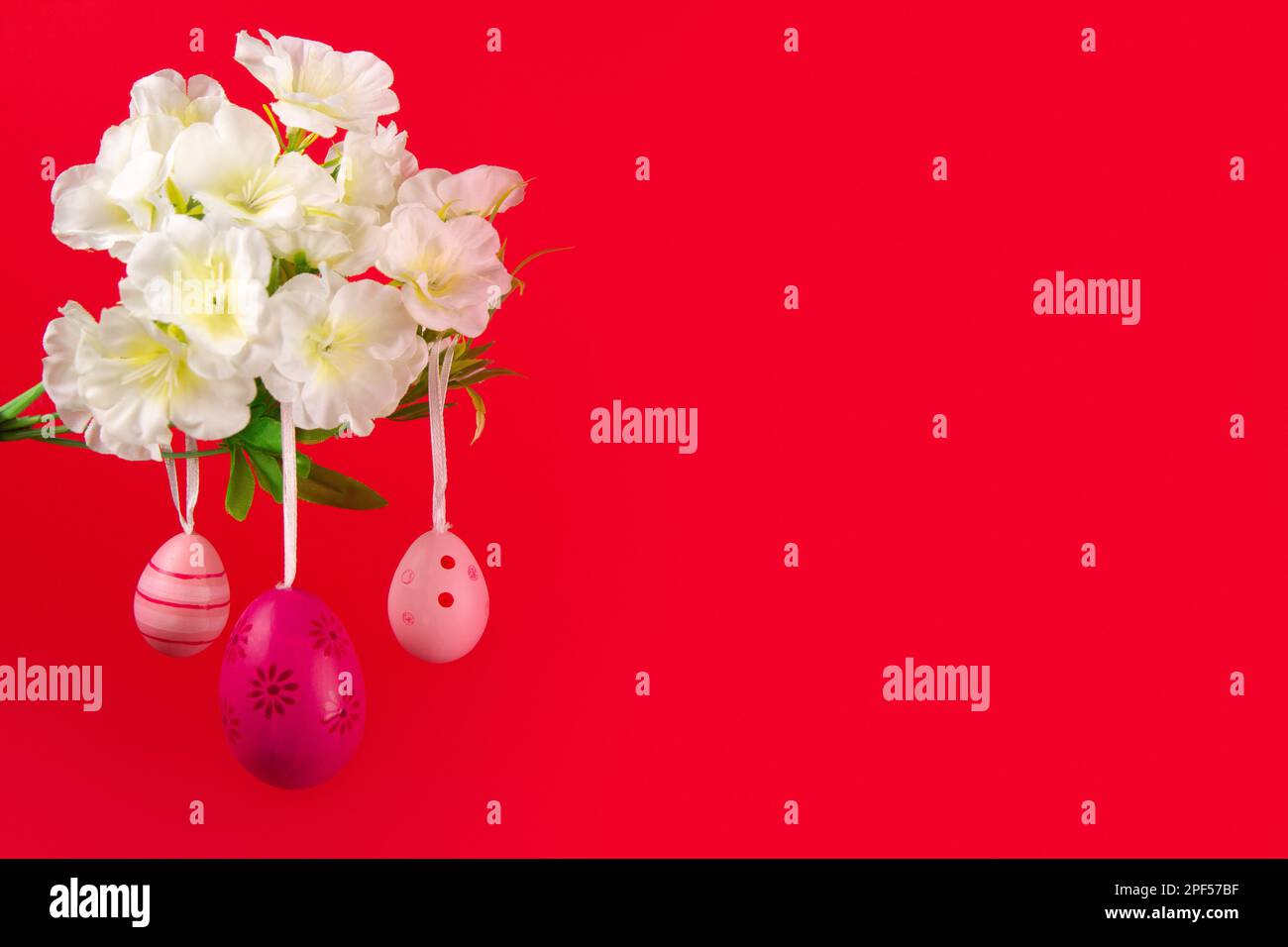 Bannière printanière colorée avec trois œufs de Pâques roses délicatement suspendus d'une branche en fleur, sur un fond rouge vif Banque D'Images