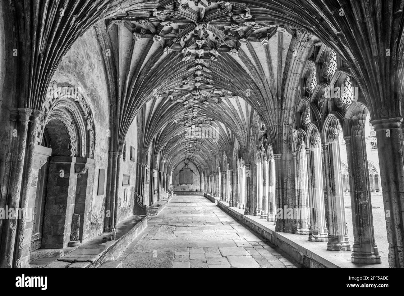 L'image est du passage couvert des cloîtres au célèbre site du patrimoine mondial de la cathédrale Christ Church de Canterbury dans le Kent. Banque D'Images