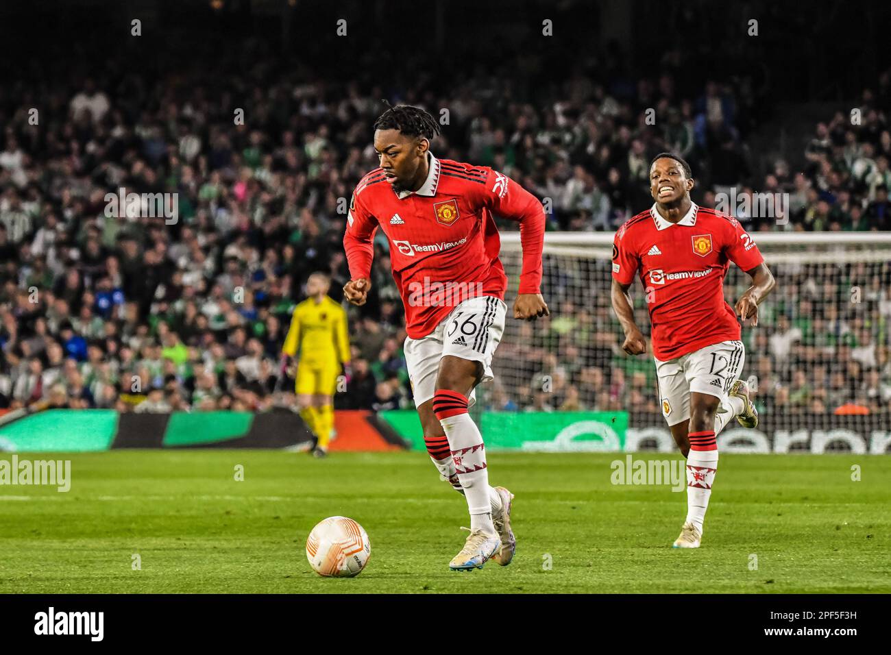 Anthony Elanga conduit le ballon lors de l'UEFA Europa League Round de 16, 2nd Leg Real Betis vs Manchester United au stade Benito Villamarín, Séville, Espagne, 16th mars 2023 (photo de Samuel Carreño/News Images) Credit: News Images LTD/Alay Live News Banque D'Images