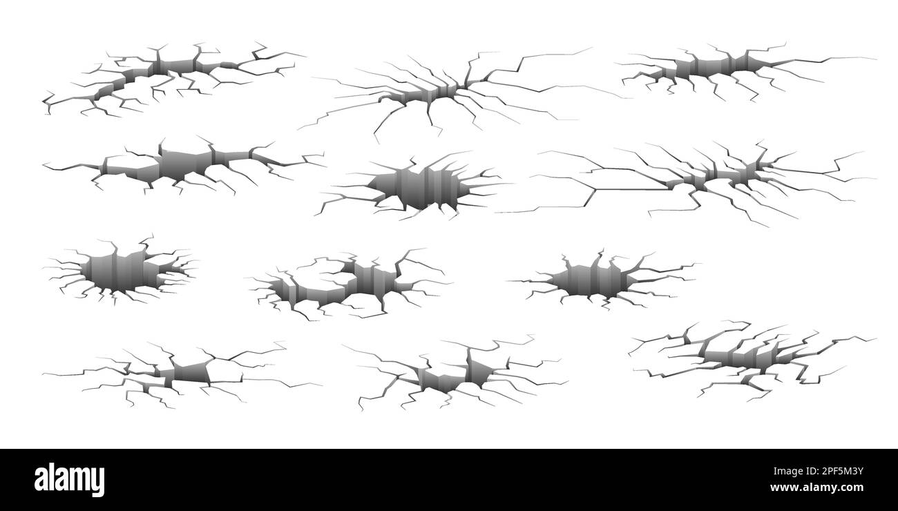 Fissures dues au tremblement de terre. Fragments brisés à la terre. Vibrations sismiques au sol et symboles de destruction du béton endommagé. Jeu de 3D trous de fissure de séisme de terre. Terre ou paroi détruite avec fente. EPS Illustration de Vecteur