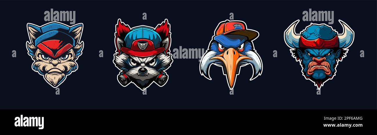 Collection de têtes d'animaux de dessin animé, logo sport rouge et bleu avec contour blanc. Visage en colère de pélican, de buffle, de chat sauvage et de raton laveur. Sport Illustration de Vecteur