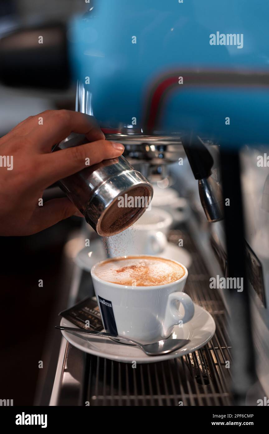 Un barista prépare un cappuccino dans une tasse Lavazza. Moudre le grain jusqu'à ce qu'il soit parsemé de cacao. Banque D'Images