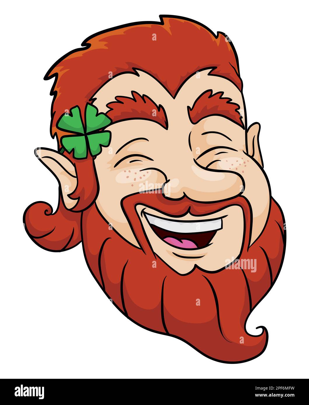 Visage de Leprechaun souriant avec des cheveux et une barbe au gingembre, des oreilles pointues et un trèfle à quatre feuilles. Style dessin animé. Illustration de Vecteur