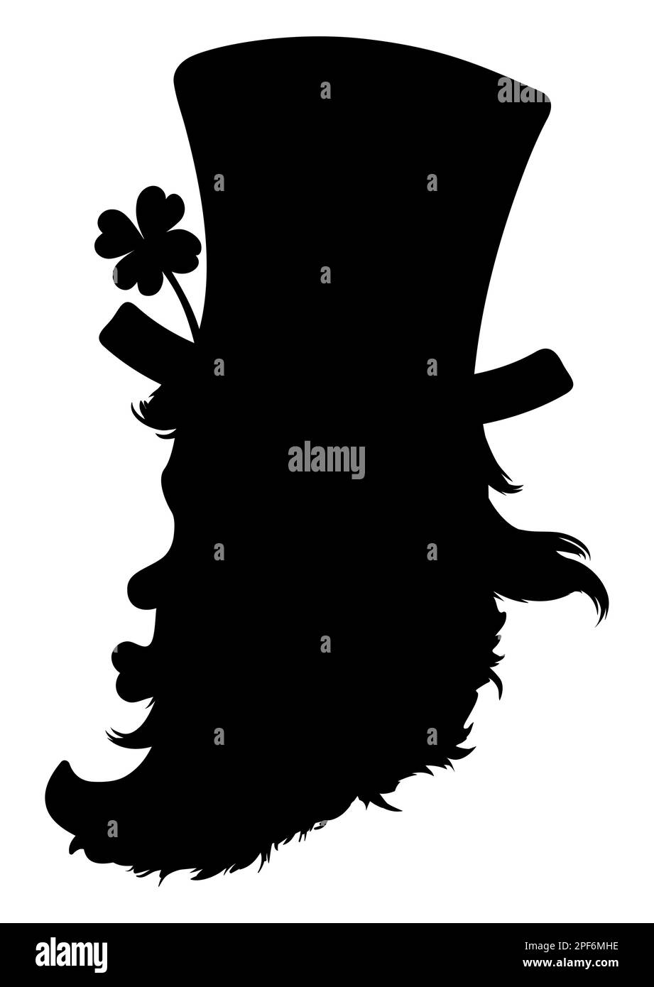 Silhouette noire de la tête Leprechaun avec chapeau traditionnel, trèfle à quatre feuilles et geste de bistouage. Illustration de Vecteur