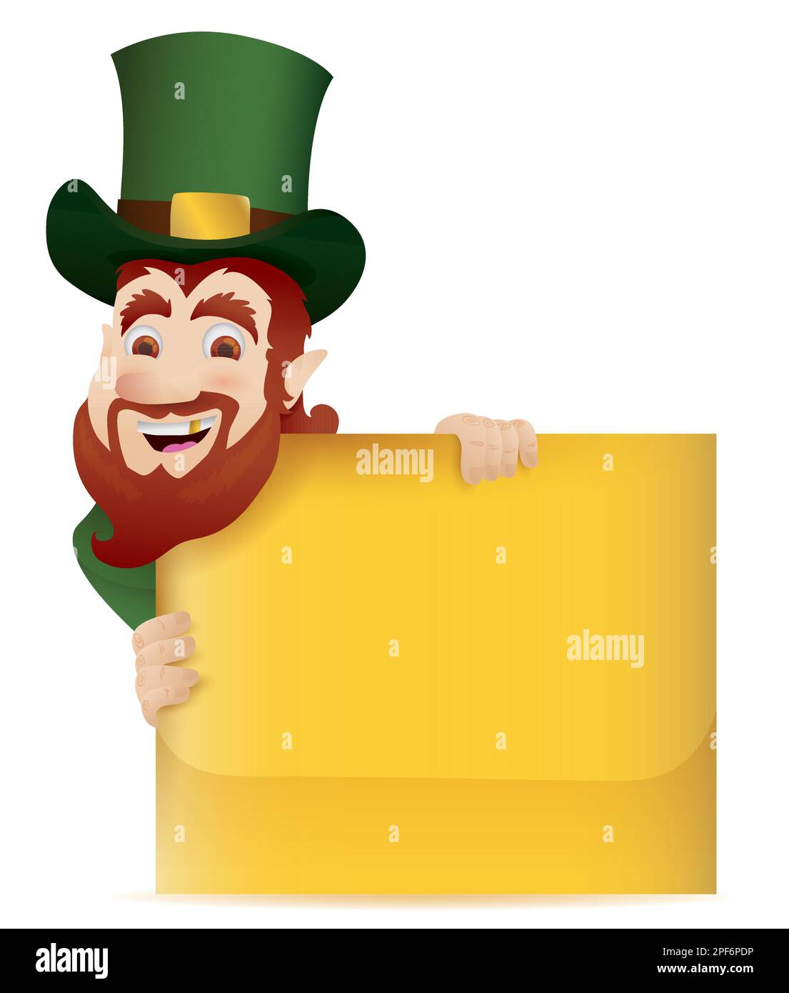Leprechun traditionnel avec une dent d'or dans son sourire et un chapeau de dessus vert, tenant un modèle de signe d'or. Conception en effet dégradé. Illustration de Vecteur