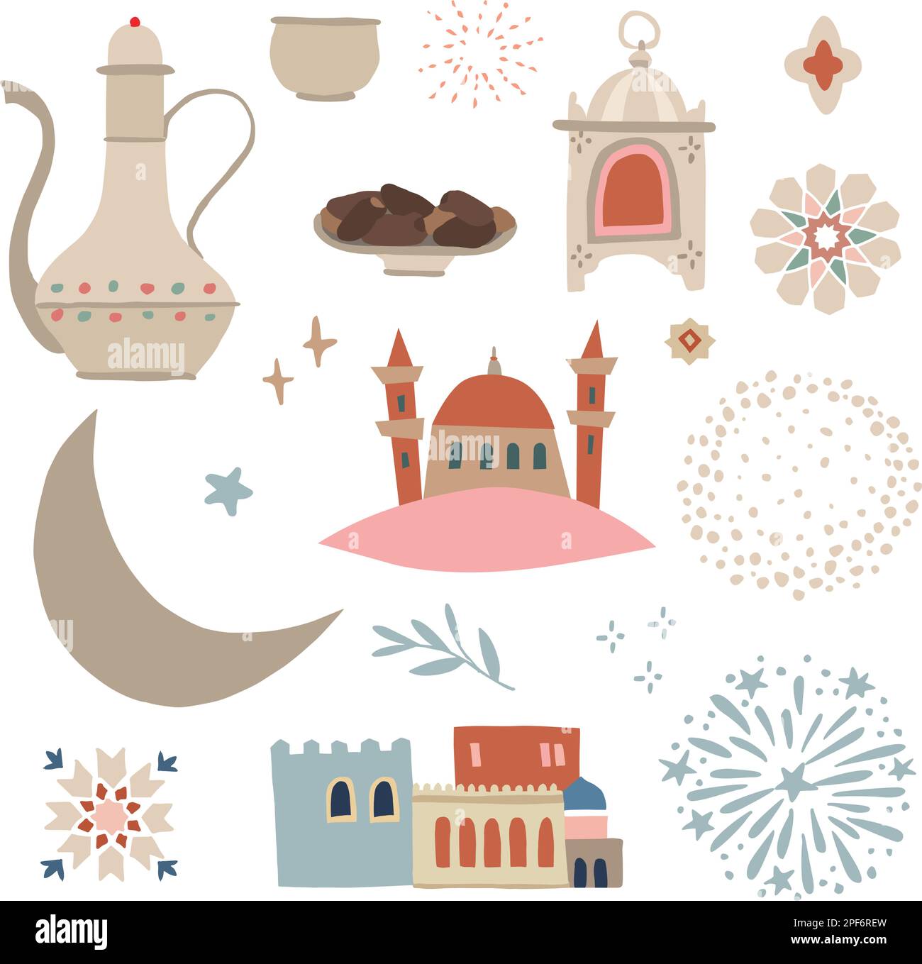 Jeu d'illustrations dessinées à la main pour les vacances de Ramadan Kareem. Islam, religion musulmane concept. Objets vectoriels isolés. Mosquée avec tour de minaret, lune Illustration de Vecteur