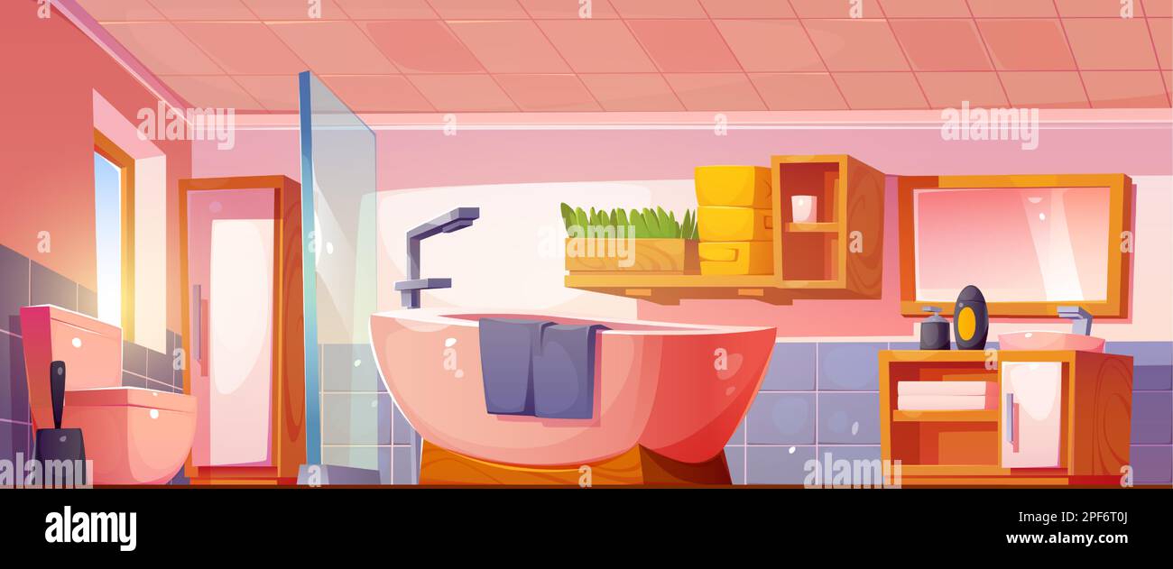 Décoration intérieure de salle de bains à motifs animés. Illustration vectorielle d'une salle propre avec baignoire, toilettes, douche avec paroi en verre, lavabo, miroir sur mur, serviettes sur étagère, bouteille de savon pour l'hygiène personnelle. Maison confortable Illustration de Vecteur