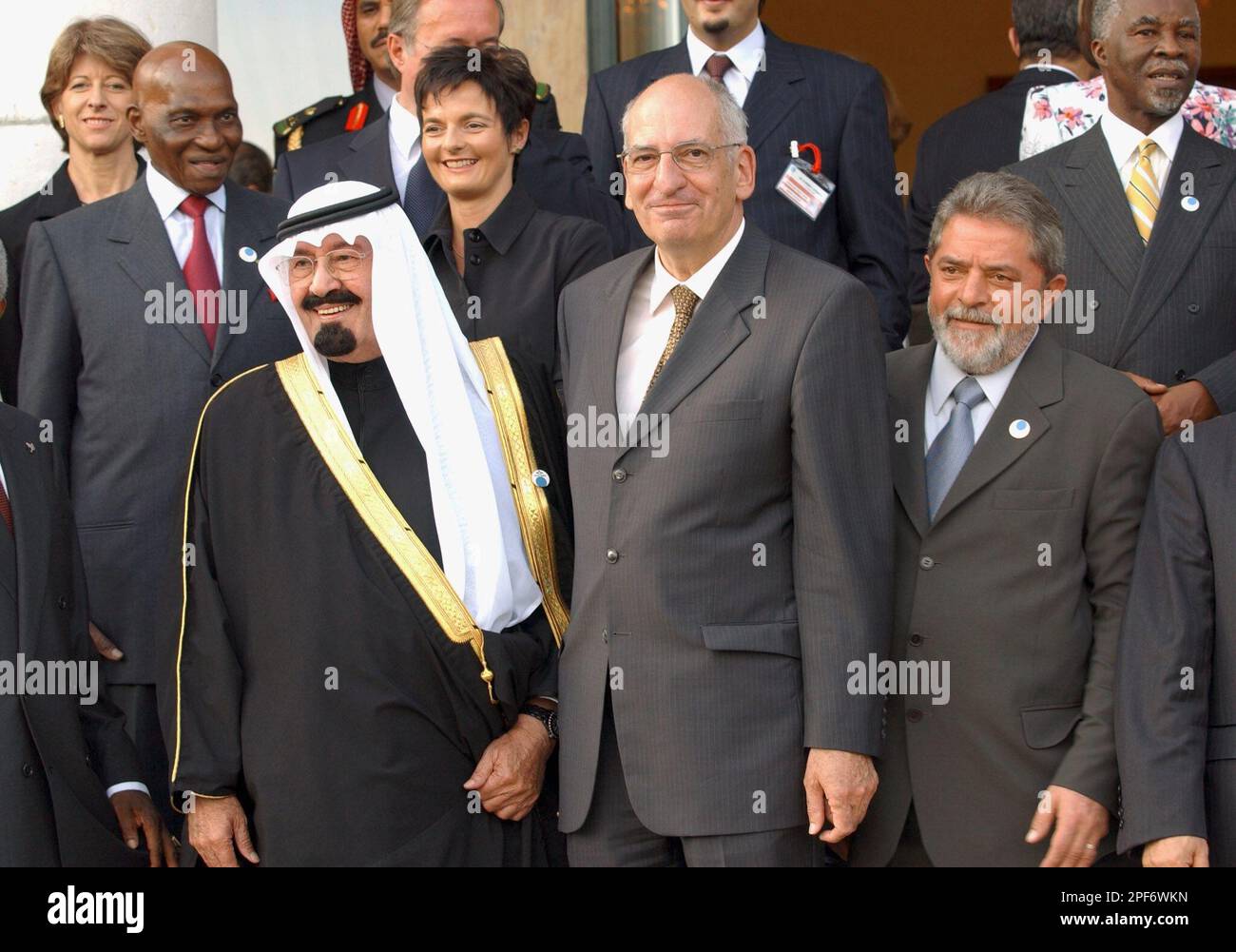 Swiss Federal President Pascal Couchepin, center, stands still with from  left, Swiss Chancellor Annemarie Huber, Adoulaye Wade, President of  Senegal, Prince Abdelaziz Al Saud from Saudi Arabia, Swiss Federal  Councillor Ruth Metzler,