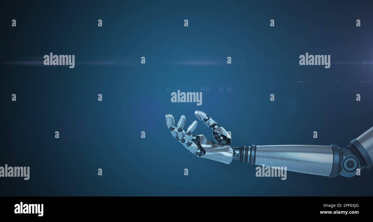 Image du bras robotique et des taches lumineuses sur fond bleu Banque D'Images