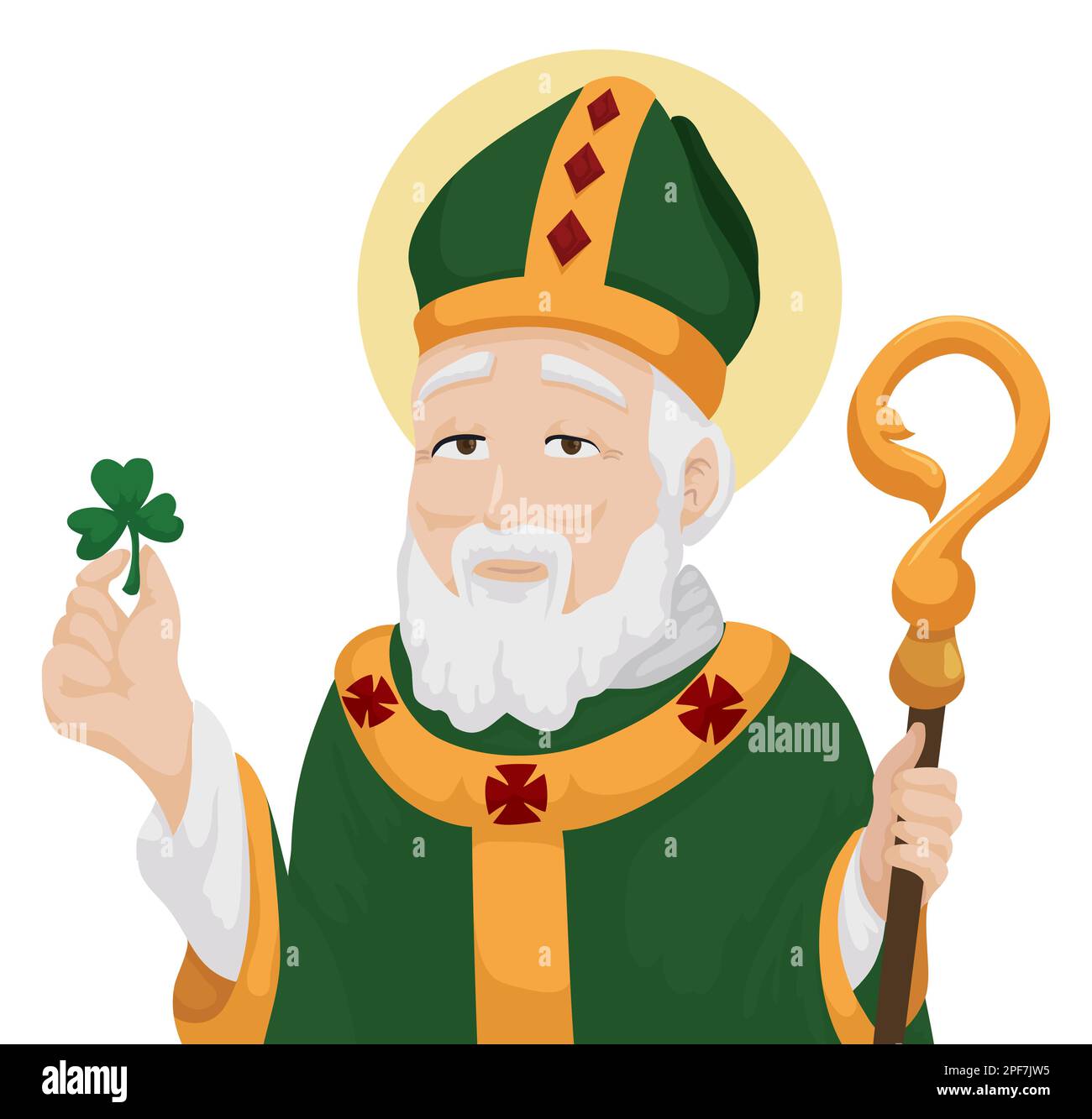 Portrait de Saint Patrick avec les robes de son évêque et tenant un shamrock. Illustration de style dessin animé sur fond blanc. Illustration de Vecteur