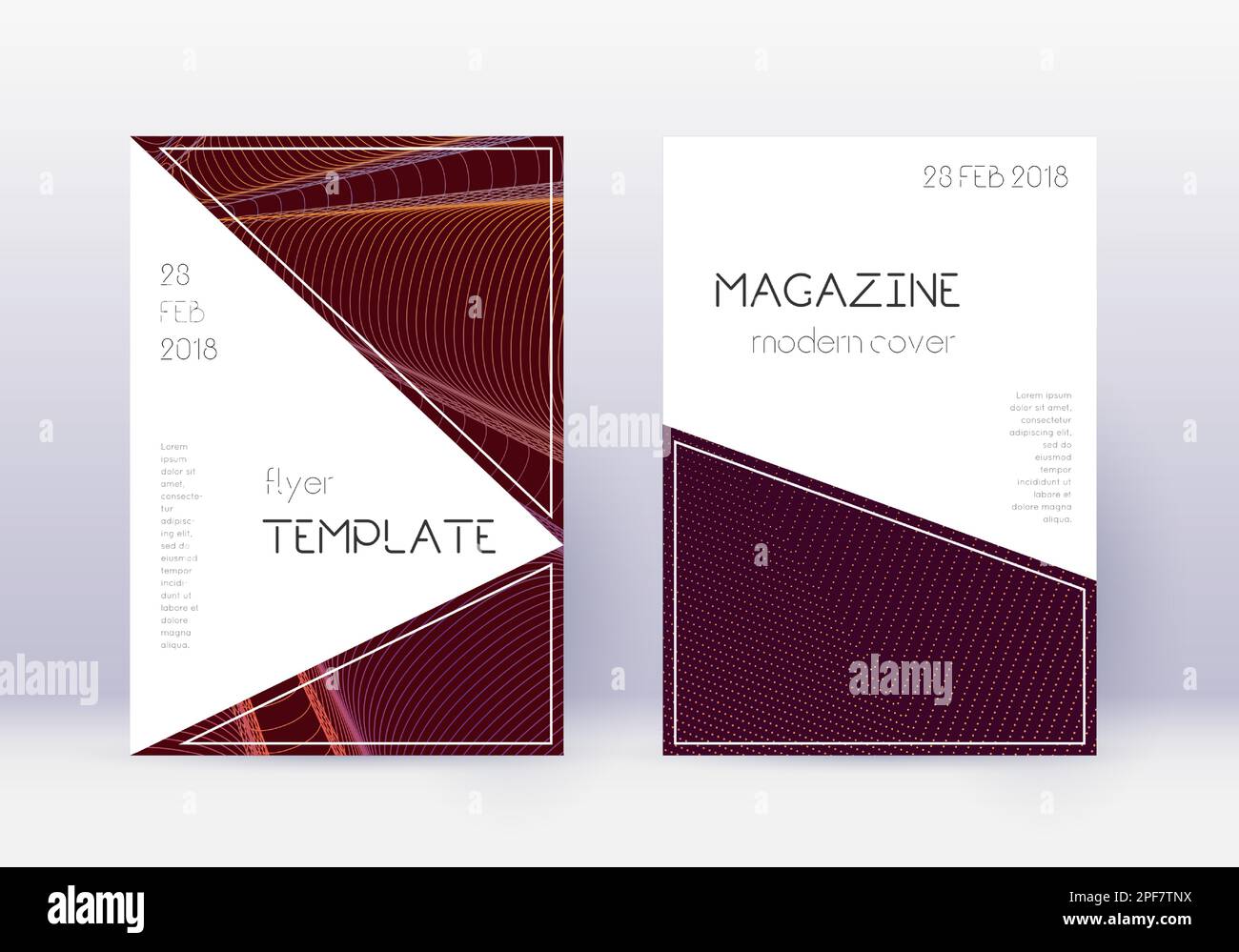 Ensemble de modèles de couverture triangulaire. Lignes abstraites orange sur fond rouge vin. Conception incroyable de la housse. Catalogue extraordinaire, poster, livre templat Illustration de Vecteur