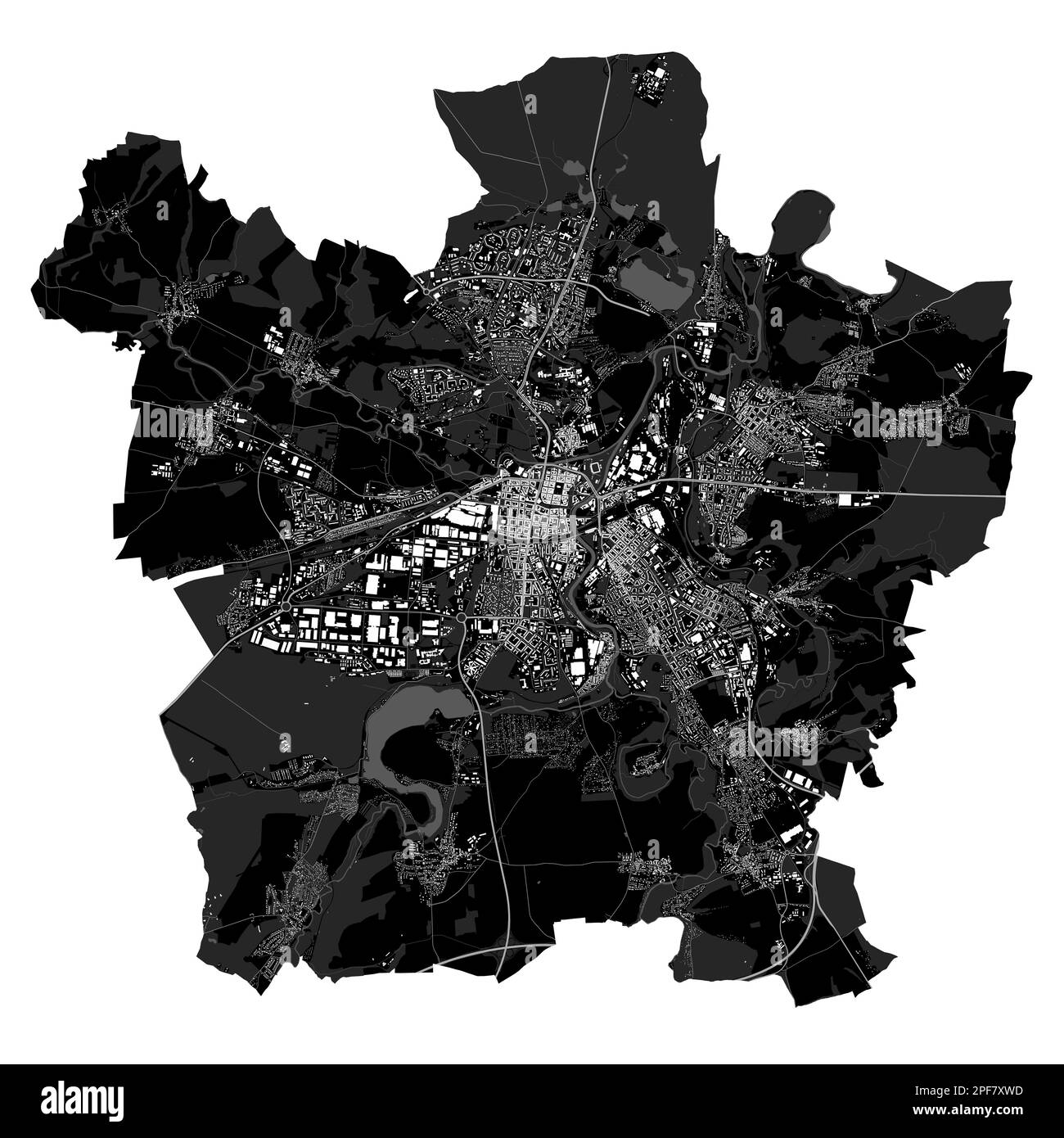 Carte vectorielle Plzen. Carte vectorielle détaillée de la zone administrative de la ville de Plzeň. Vue sur l'aria métropolitain avec affiche CityScape. Terre noire avec des bâtiments blancs, wat Illustration de Vecteur