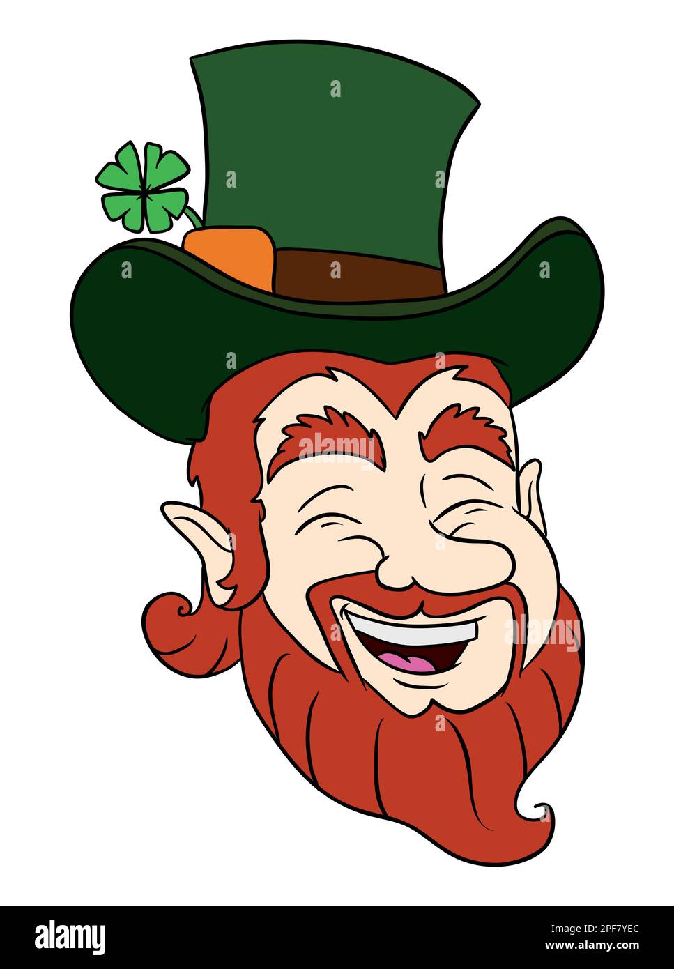 Joyeux visage Leprechun avec des cheveux au gingembre et une barbe portant un chapeau haut avec trèfle. Tête isolée dans les contours et les couleurs plates. Illustration de Vecteur