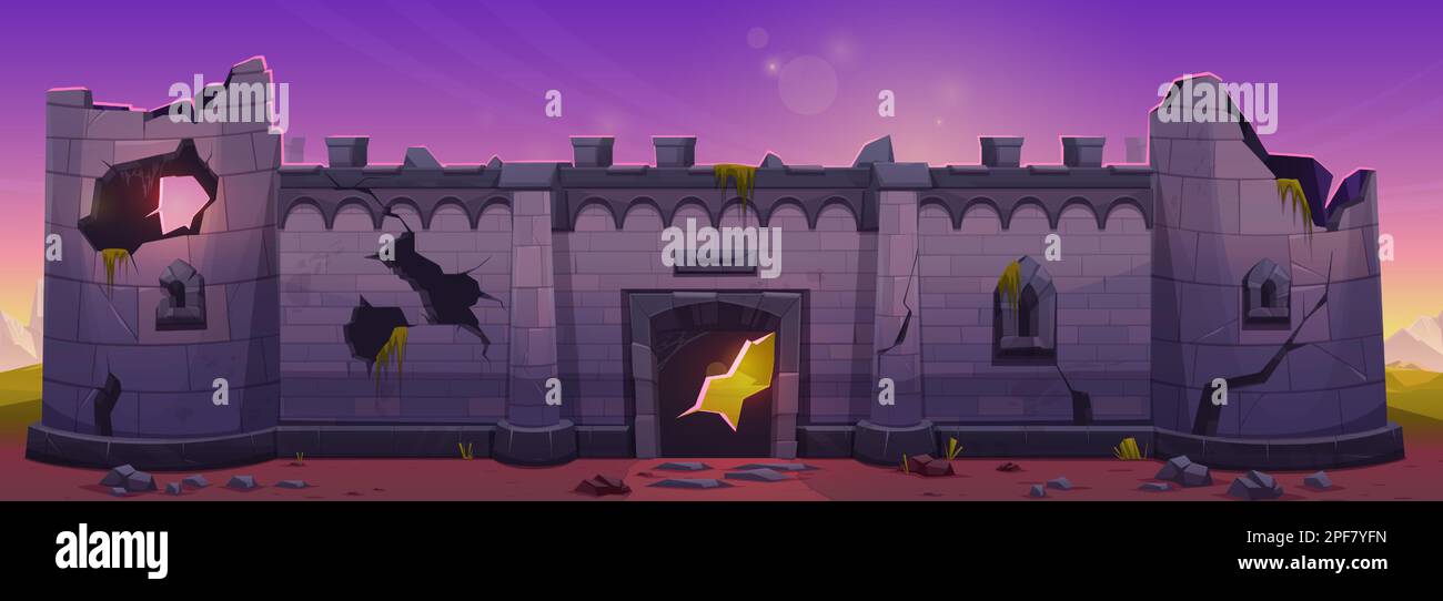 Fond de dessin animé de mur en pierre d'un château médiéval cassé. Forteresse tour de maçonnerie bâtiment ruine vecteur niveau de jeu illustration. Échappatoire dans la porte de la citadelle. Extérieur abandonné du Royaume antique au lever du soleil. Illustration de Vecteur