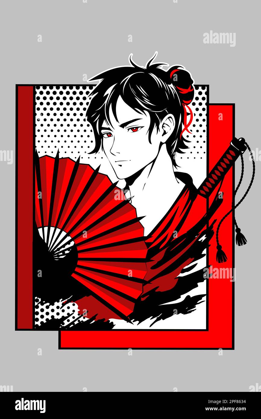 Un jeune homme dans un kimono tient un fan rouge dans le style du manga et de l'anime. Image vectorielle. L'image vectorielle est séparée de l'arrière-plan. Illustration de Vecteur