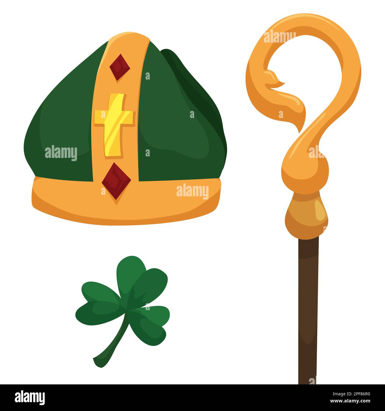 Éléments religieux de Saint Patrick, Saint patron d'Irlande : shamrock, onglet à croix et crosier en style de dessin animé. Illustration de Vecteur