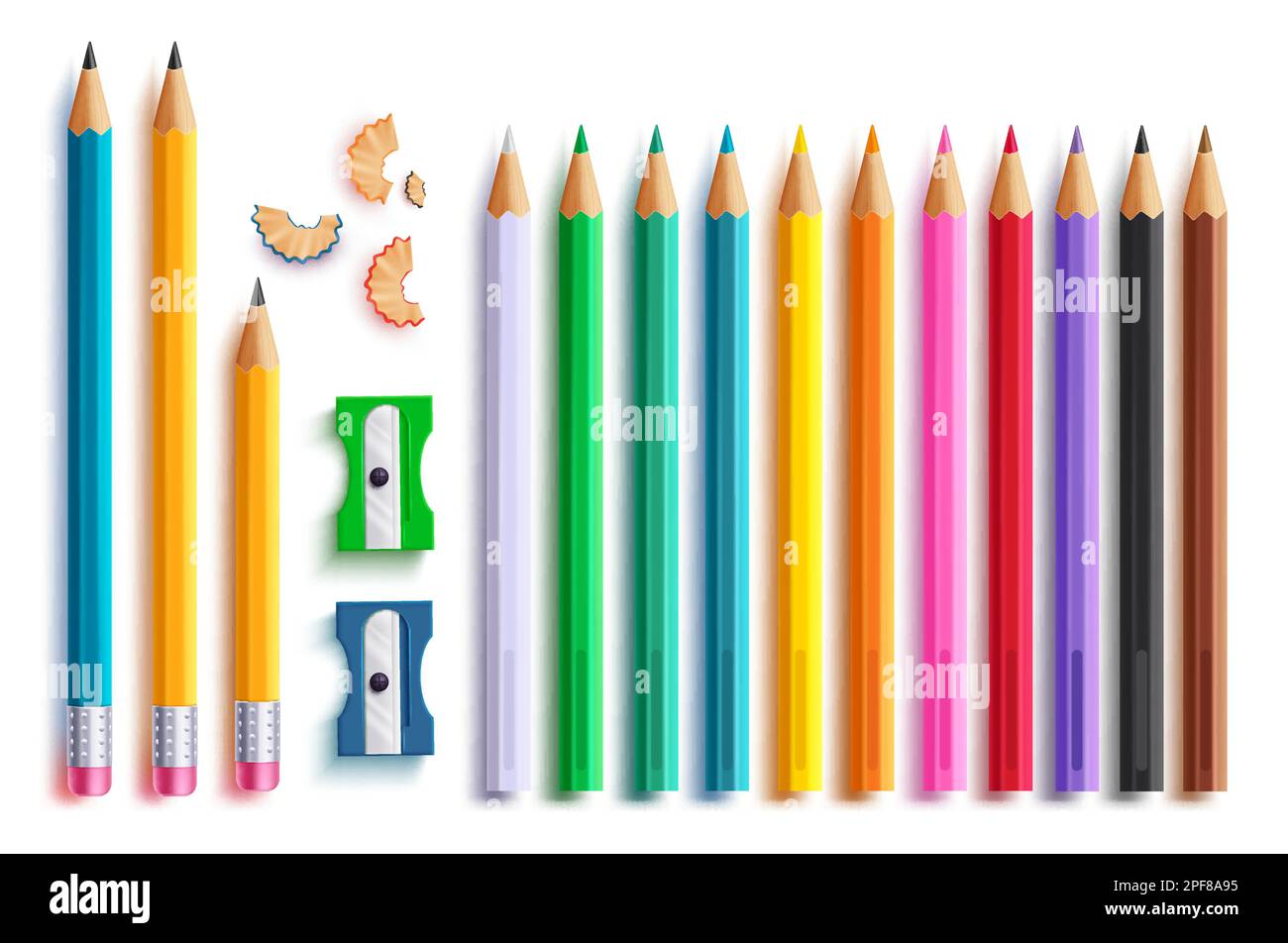 Retour à l'école élément vecteur ensemble. Crayon de retour à l'école, crayon de couleur et taille-crayon isolés pour les fournitures scolaires. Etudiant illustration vectorielle. Illustration de Vecteur