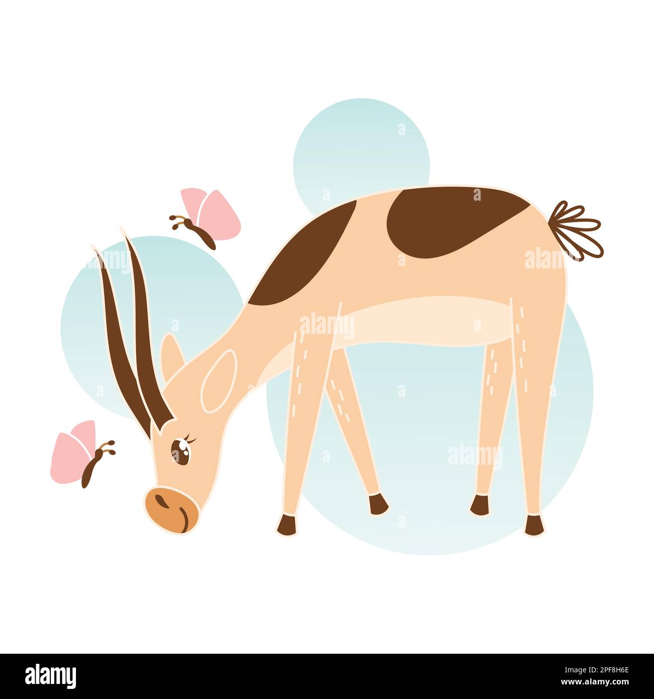 La jolie gazelle ou antilope pâture. Dessin animé animal jouant avec des papillons. Illustration plate avec fond pastel simple pour poster de pépinière Illustration de Vecteur