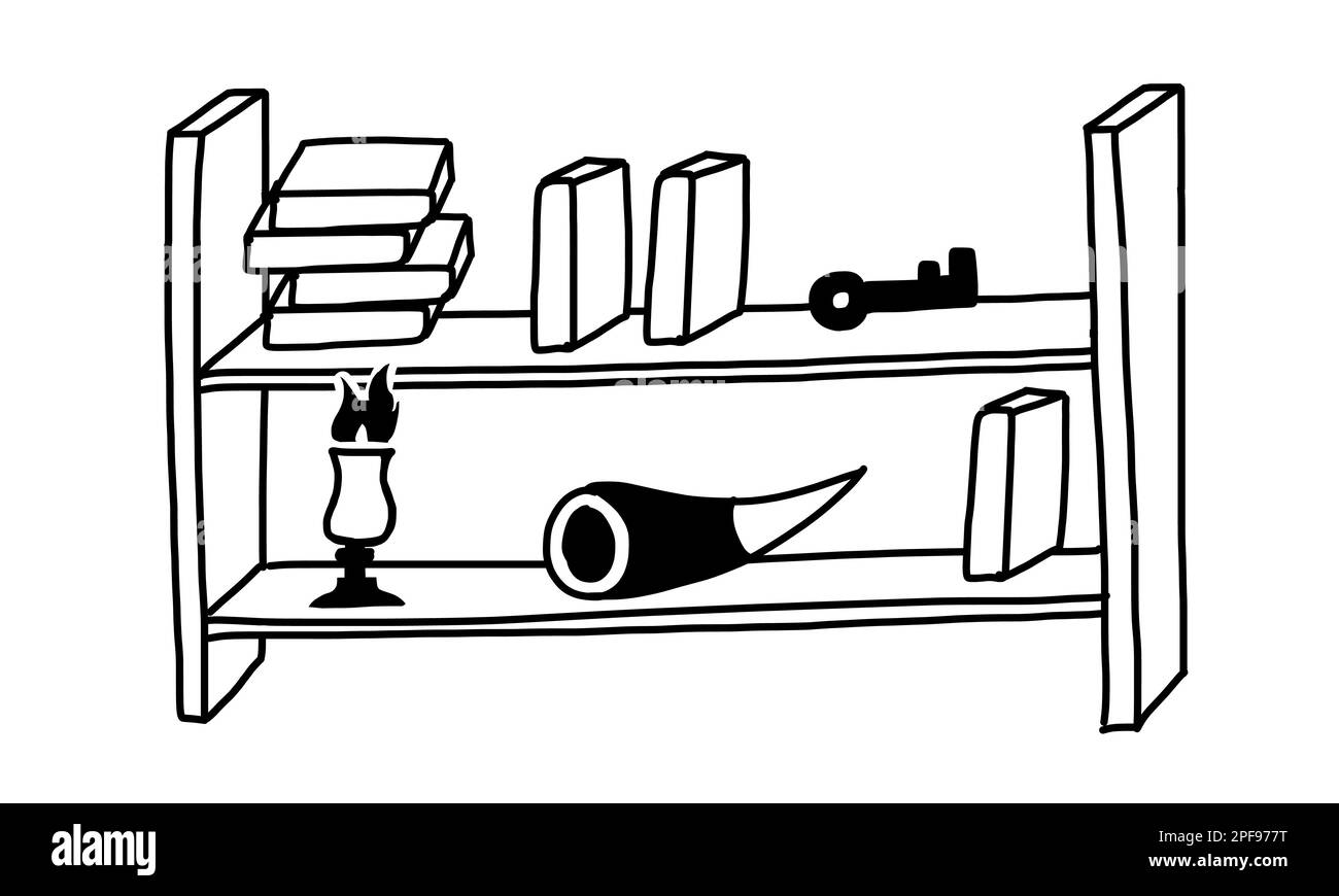 Étagères avec livres magiques dans le style de la caniche de contour. Illustration vectorielle isolée sur fond blanc. Illustration de Vecteur