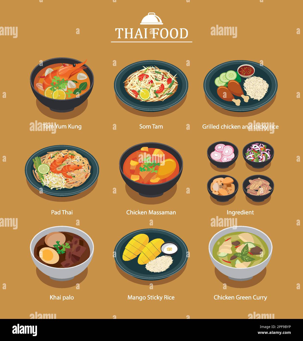Menu thaïlandais. Arrière-plan de l'illustration de la cuisine de rue asiatique. Illustration de Vecteur
