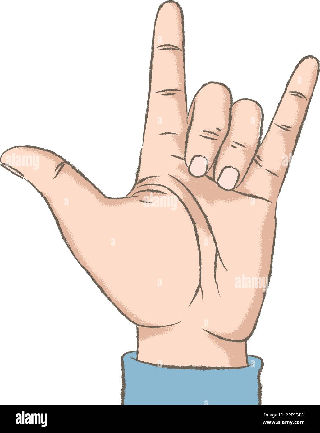 Illustration de couleur rétro avec une texture rugueuse d'une main montrant le signe I Love You, ou Rock. Illustration de Vecteur