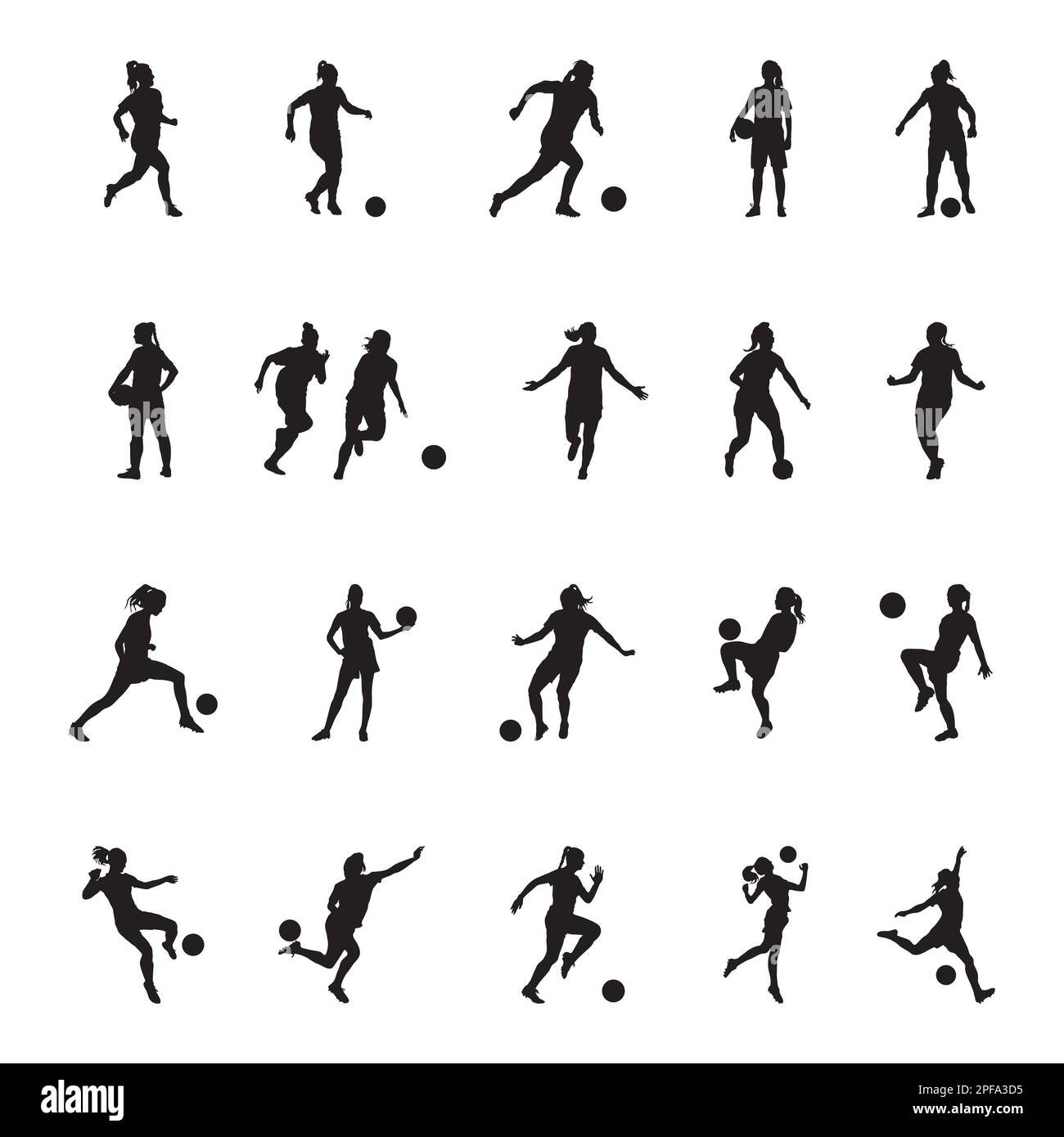 Silhouette de joueur de football féminin, vecteur de joueur de fille, silhouette de joueur de football féminin -V02 Illustration de Vecteur