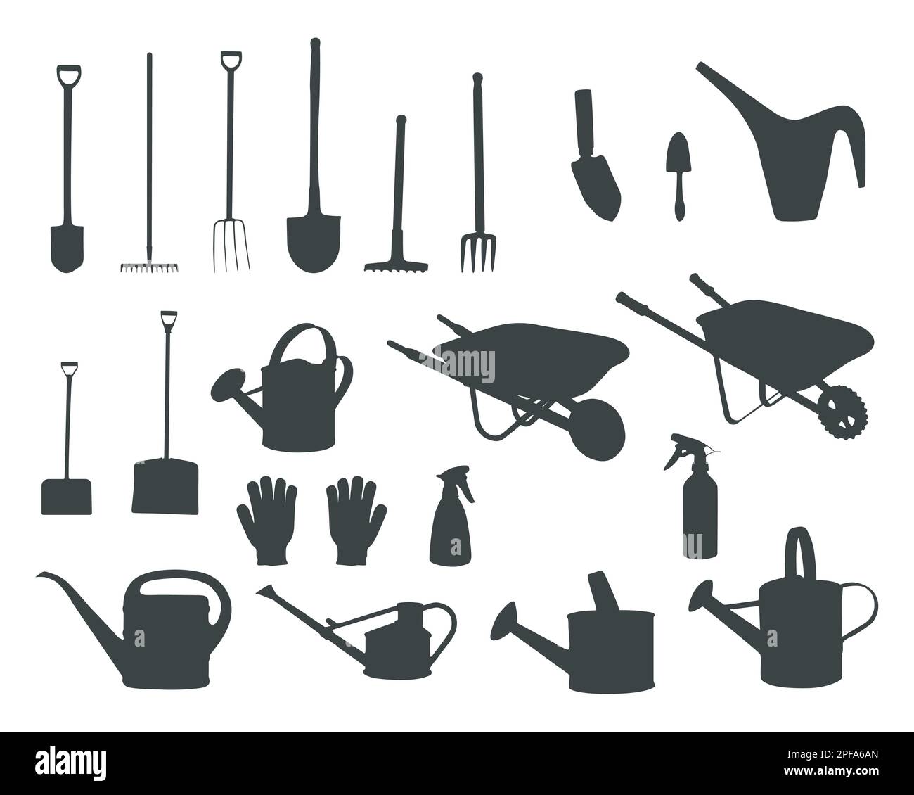 Silhouette des outils de jardin, silhouette des outils et équipements de jardinage, vecteur des outils de jardin Illustration de Vecteur