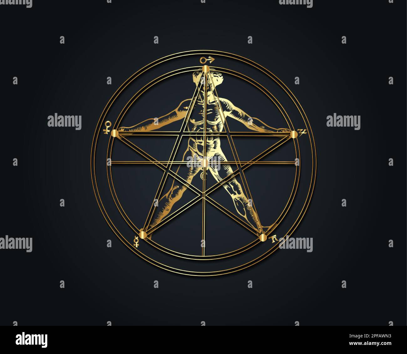 Or Pentagramme et corps humain, Agrippa, symboles du soleil et de la lune sont au centre, tandis que les cinq autres planètes classiques sont autour du bord. Illustration de Vecteur
