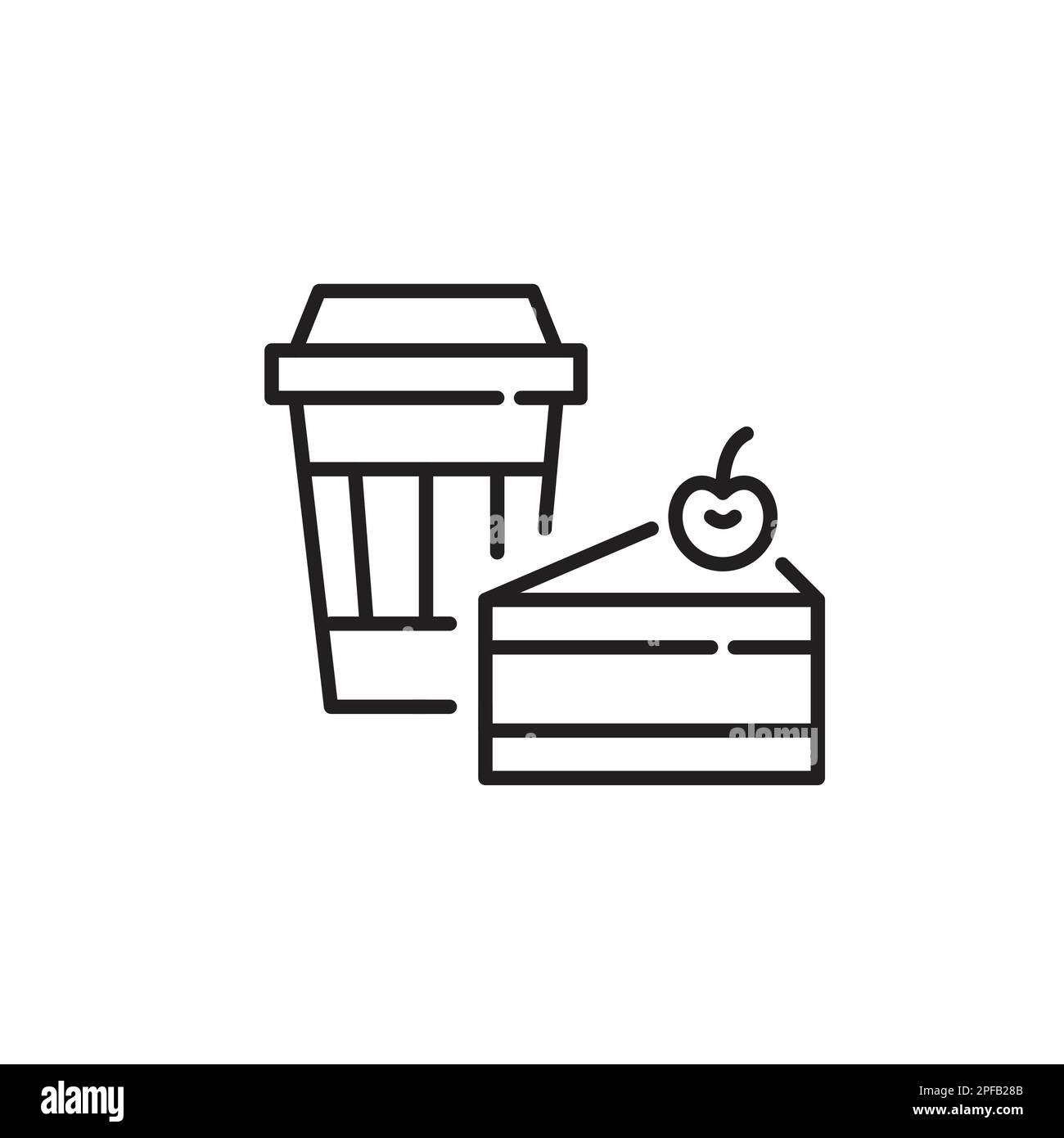 Café dans une tasse à emporter et une tranche de gâteau. Un café vous propose un délicieux cadeau. Pixel Perfect, icône de contour modifiable Illustration de Vecteur