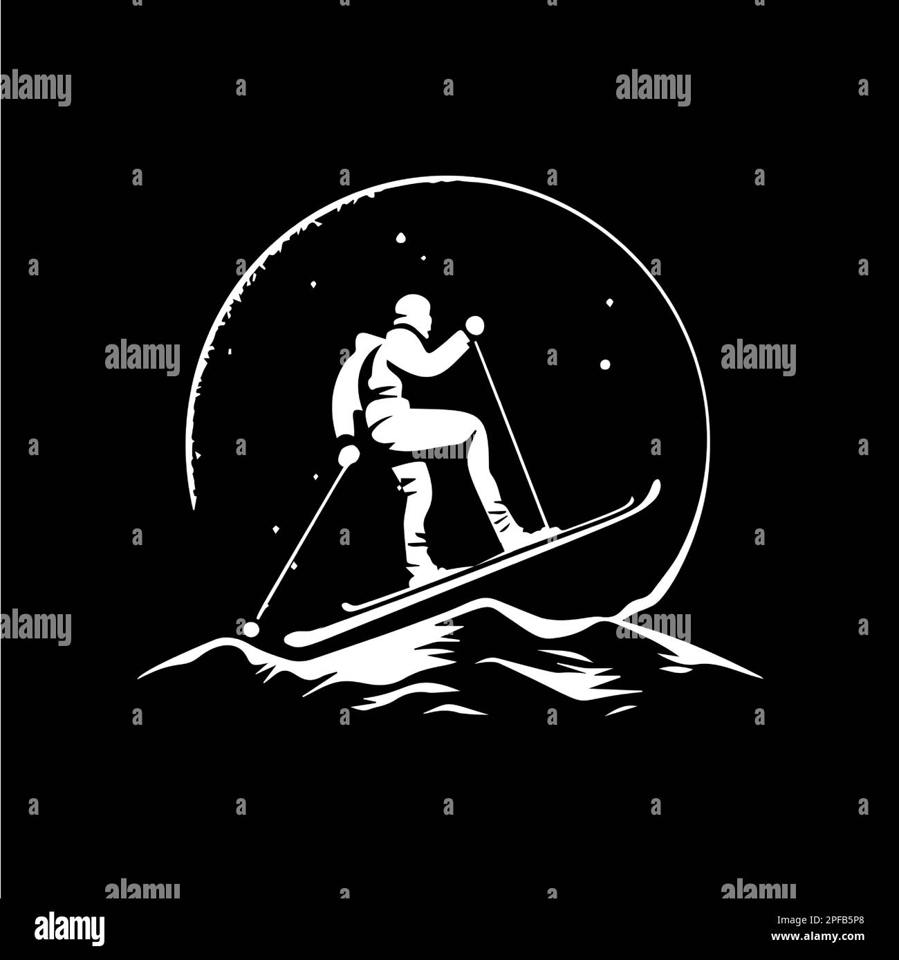 Modèle de logo de skieur, emblème de skis de montagne, tatouage de travail de la dot avec ombrage de points, tatouage de tippling. Emblème à dessin à la main sur fond noir pour l'art du corps Illustration de Vecteur