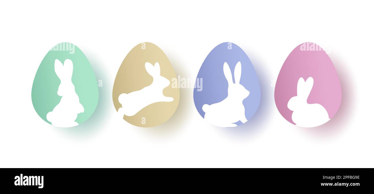 Œufs de Pâques et lapins en coupe de papier. Ensemble de poses des lapins dans des couleurs pastel sur un arrière-plan isolé. collection d'éléments décoratifs Illustration de Vecteur