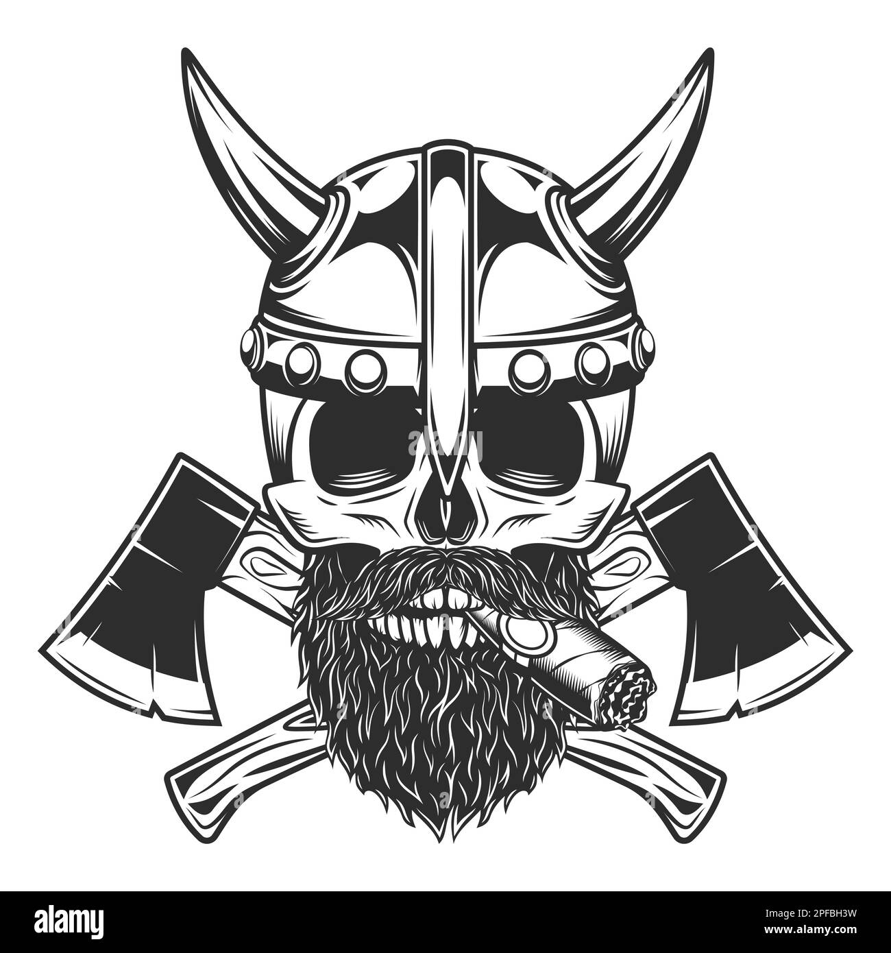 Crâne viking cigare ou cigarette barbu et moustaché dans un casque à cornes avec haches croisées dans des illustrations de style monochrome vintage Illustration de Vecteur
