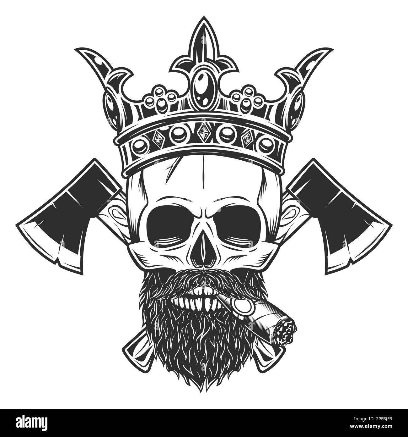 Crâne fumant un cigare ou une cigarette dans la couronne royale roi avec la moustache et la barbe et croix de bois entreprise menuiserie ou emblème de bûcheron Illustration de Vecteur