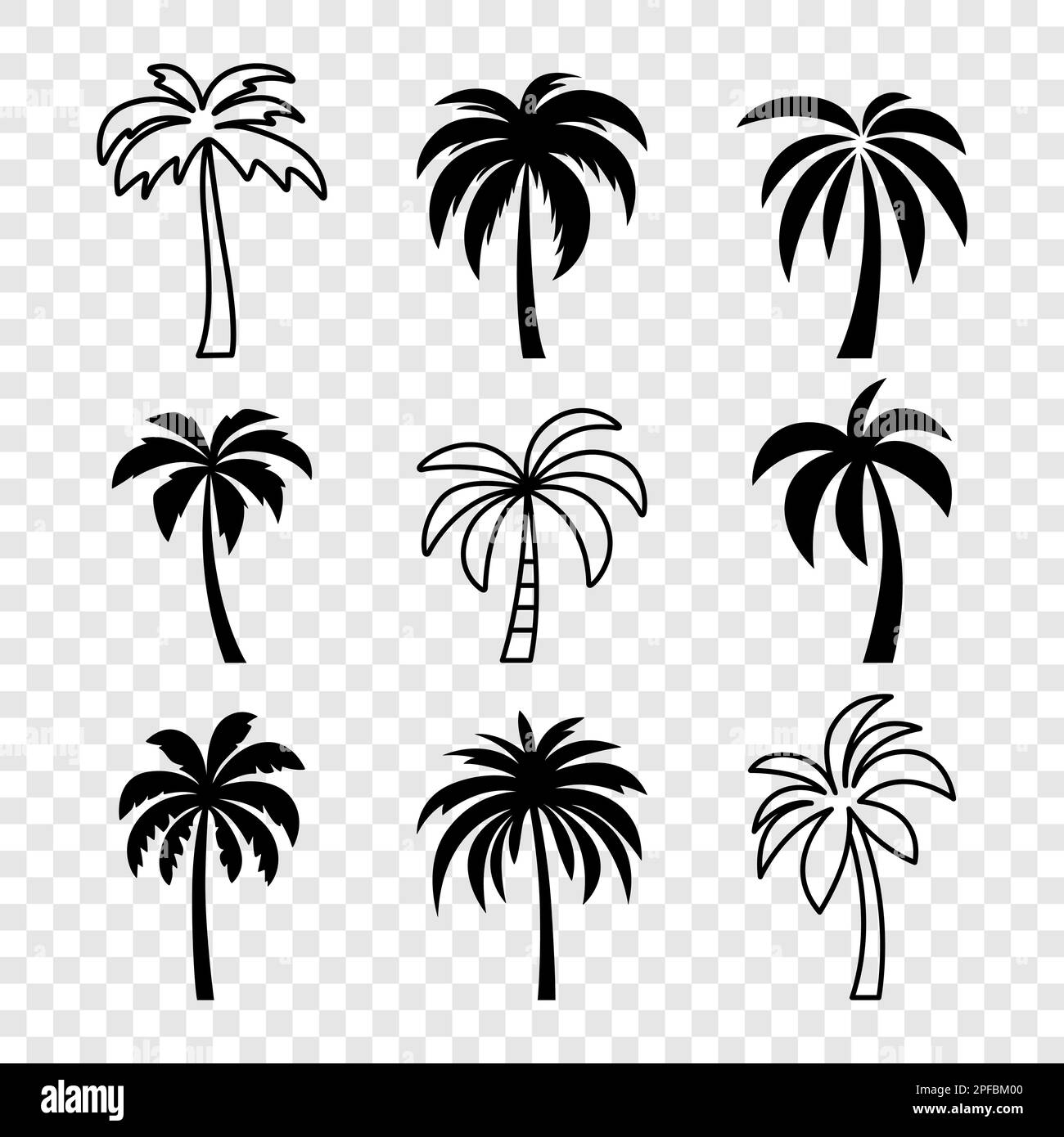 Arbres à paume vectoriels, jeu d'icônes d'arbre à paume isolé. Silhouettes de palmier. Modèle de conception pour le concept tropical, vacances, plage, été. Illustration vectorielle Illustration de Vecteur