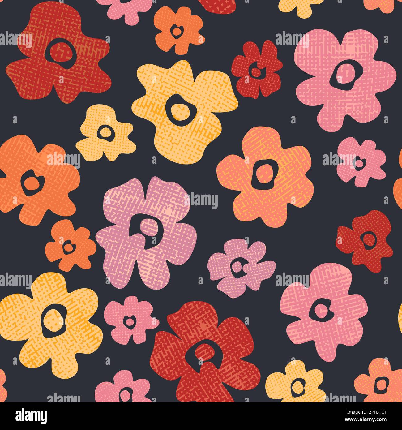 Motif fleuri sans couture. Fleurs scandinave fond plat. Fleurs d'un jardin botanique minimaliste rouge rose corail orange jaune sur bleu foncé Banque D'Images