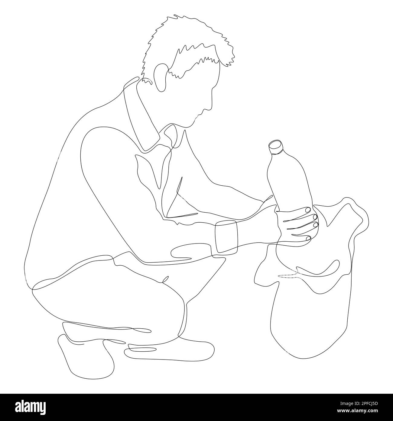 Une ligne continue d'homme ramassant les déchets de plastique dans le sac poubelle. Concept de vecteur d'illustration à trait fin. Dessin de contour idées créatives. Illustration de Vecteur