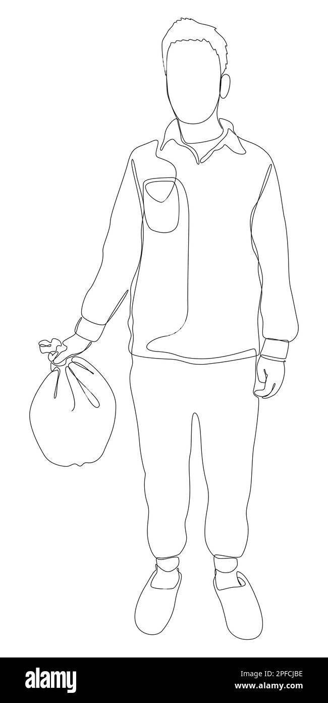 Une ligne continue d'homme ramassant les déchets de plastique dans le sac poubelle. Concept de vecteur d'illustration à trait fin. Dessin de contour idées créatives. Illustration de Vecteur