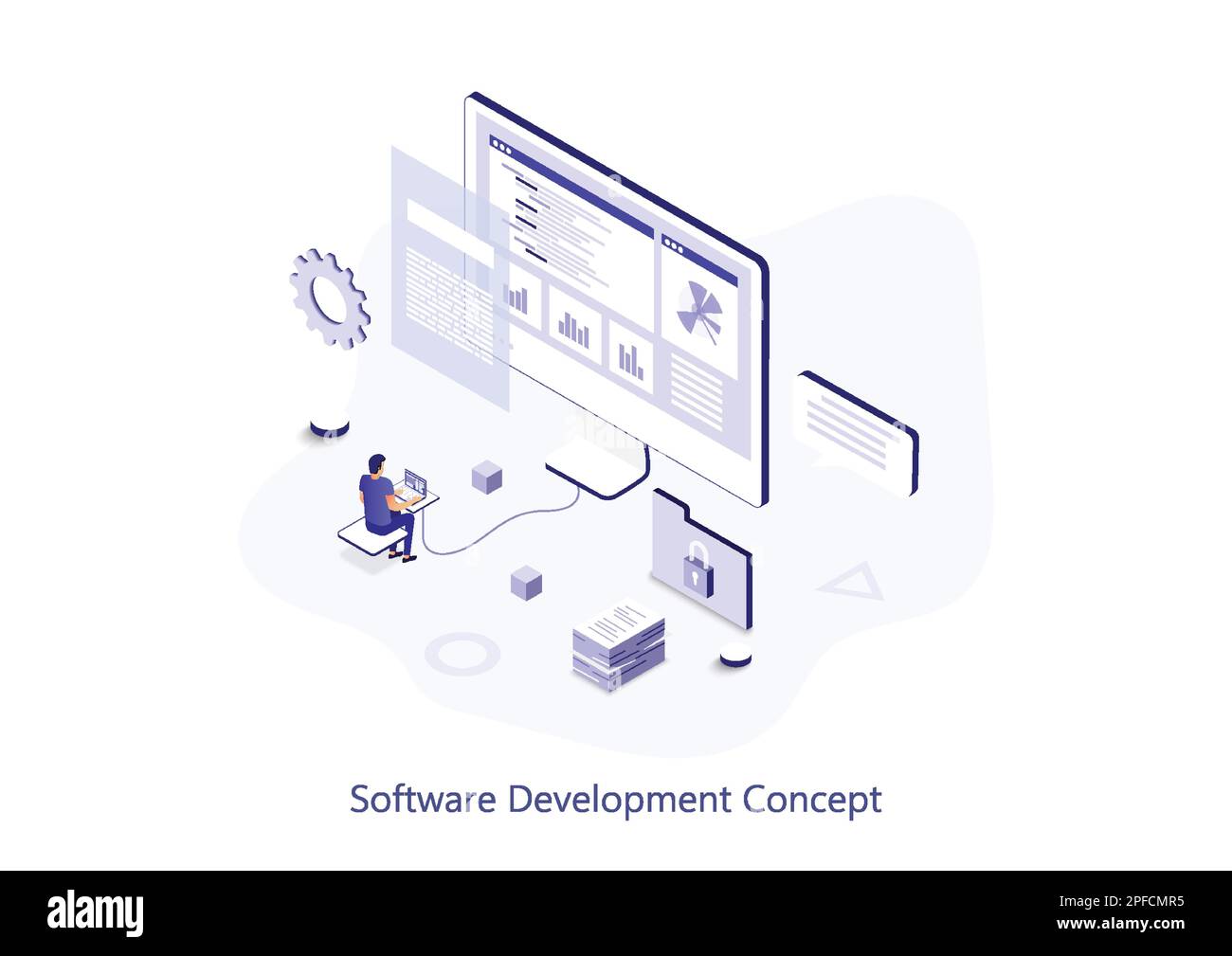 Développement logiciel concept web isométrique. Programme de personnes dans différentes langues, travailler avec le code, optimiser et personnaliser les programmes scène. Vecteur il Illustration de Vecteur