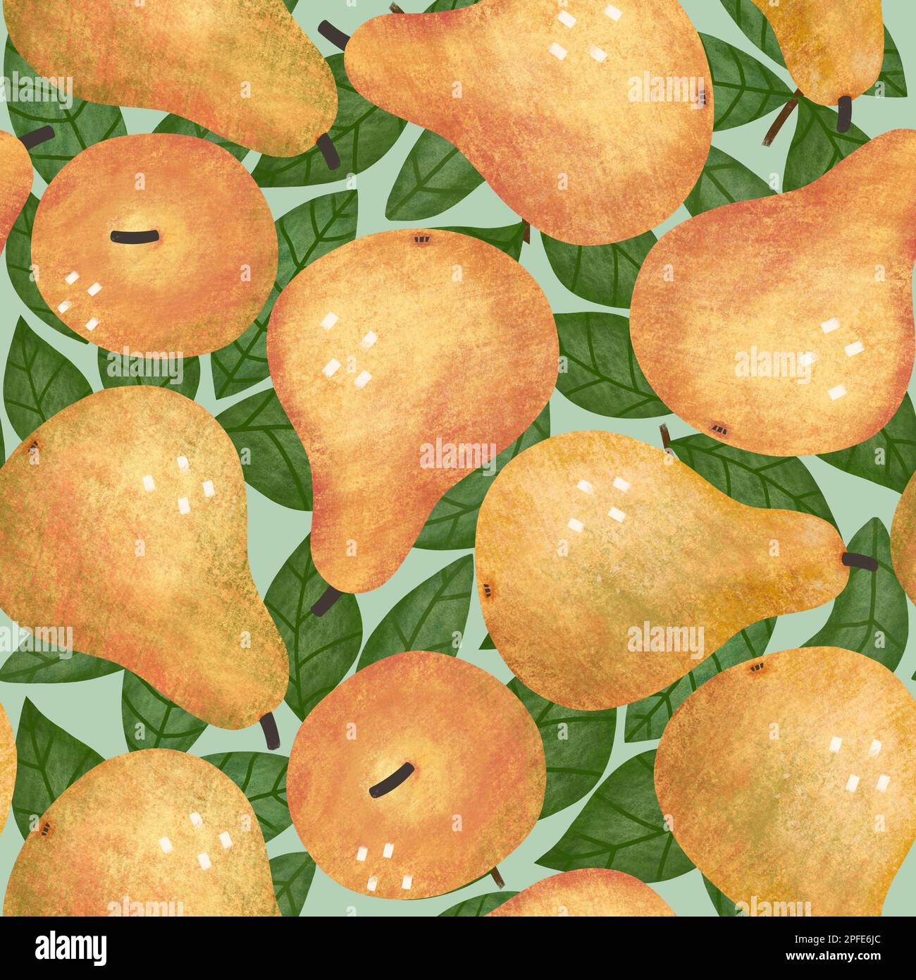 Motif sans couture avec fruits à la poire frais. Feuilles vertes et poires texturées dessinées à la main sur fond vert. Imprimé raster sur toute la surface Banque D'Images