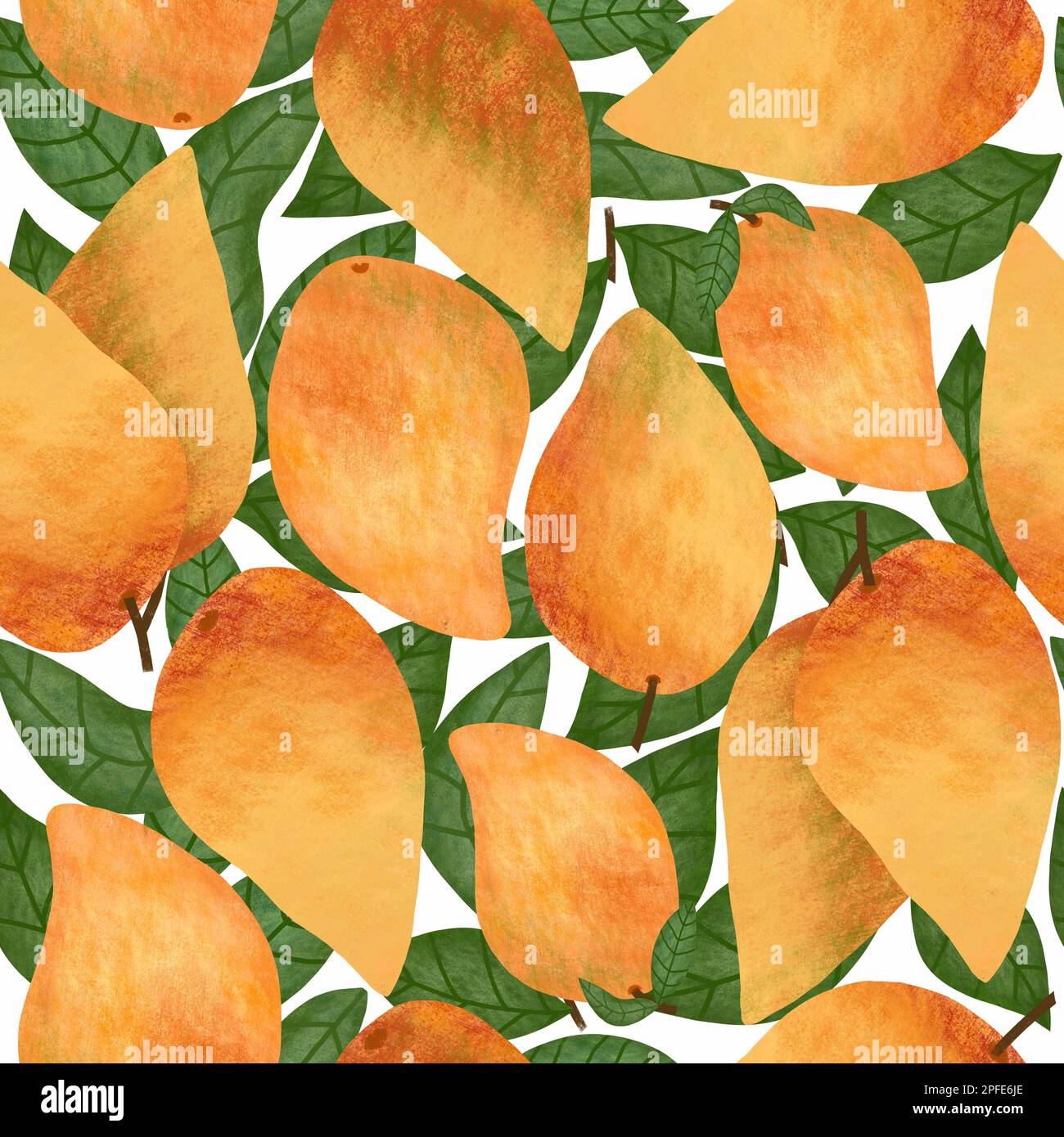 Motif mango sans coutures. Fruits de mangue dessinés à la main avec feuilles sur fond blanc. Imprimé fruits sur toute la surface Banque D'Images