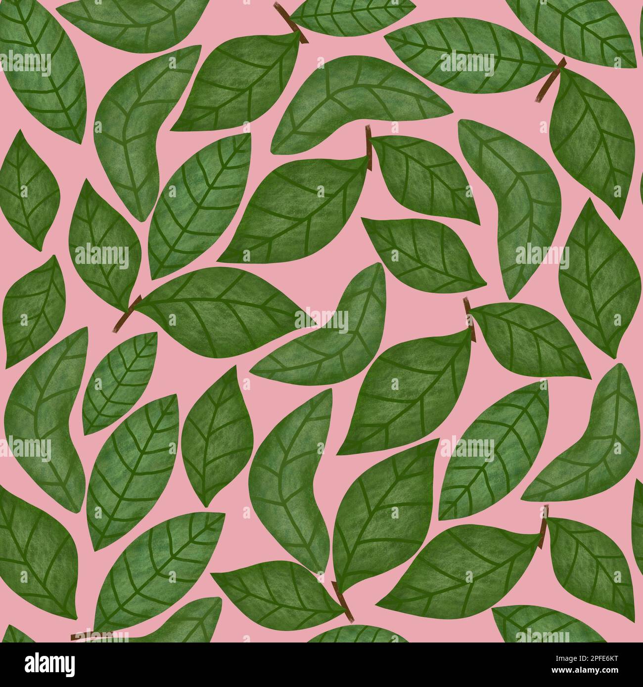 Feuilles vertes sur fond rose motif sans couture. Imprimé feuilles texturées dessinées à la main sur toute la surface. Toile de fond sans fin de printemps raster Banque D'Images