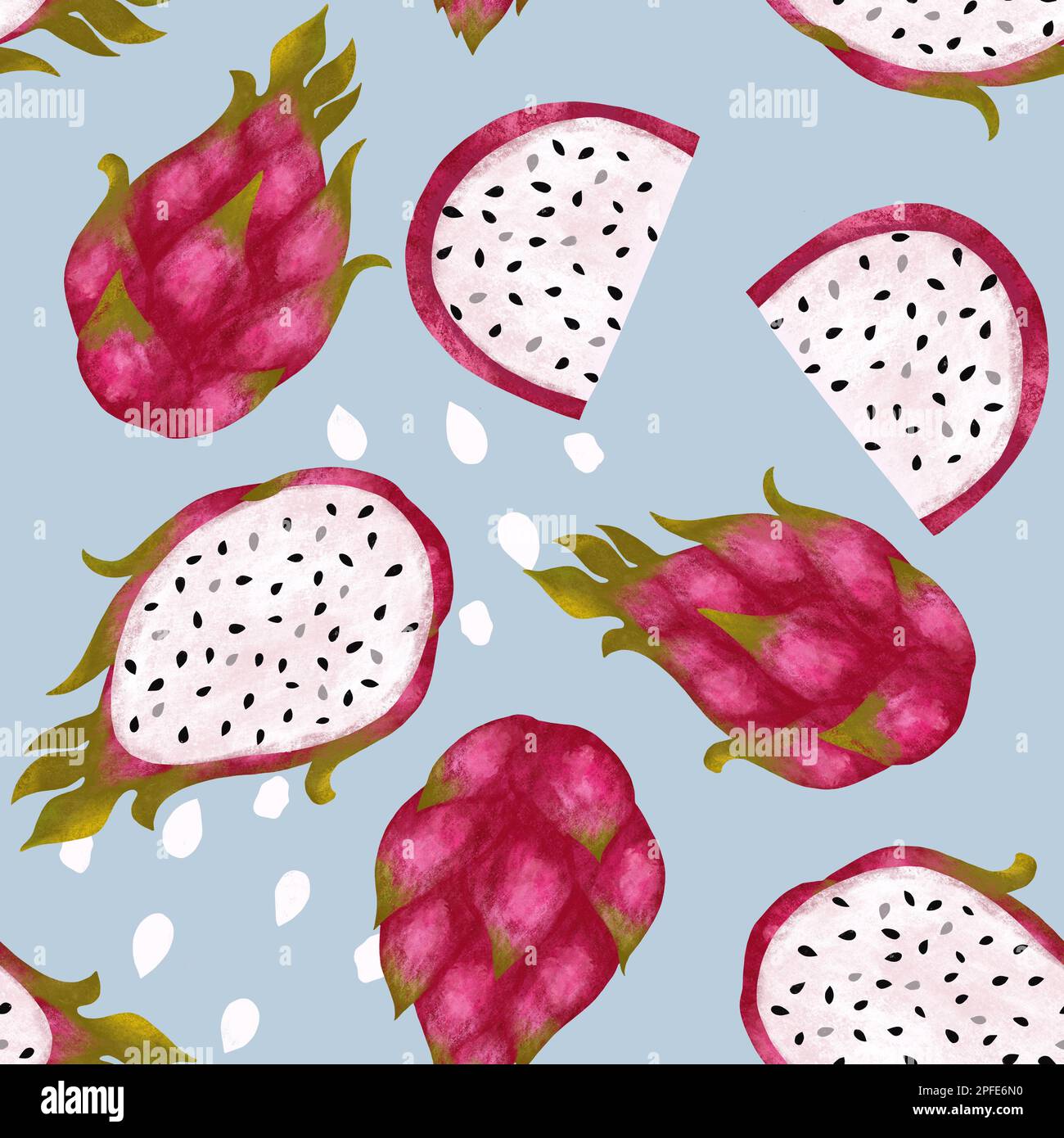 Pitahaya sans couture avec demi-fruits et fruits de dragon entiers. Tranches de pitaya texturées dessinées à la main et graines sur fond bleu Banque D'Images