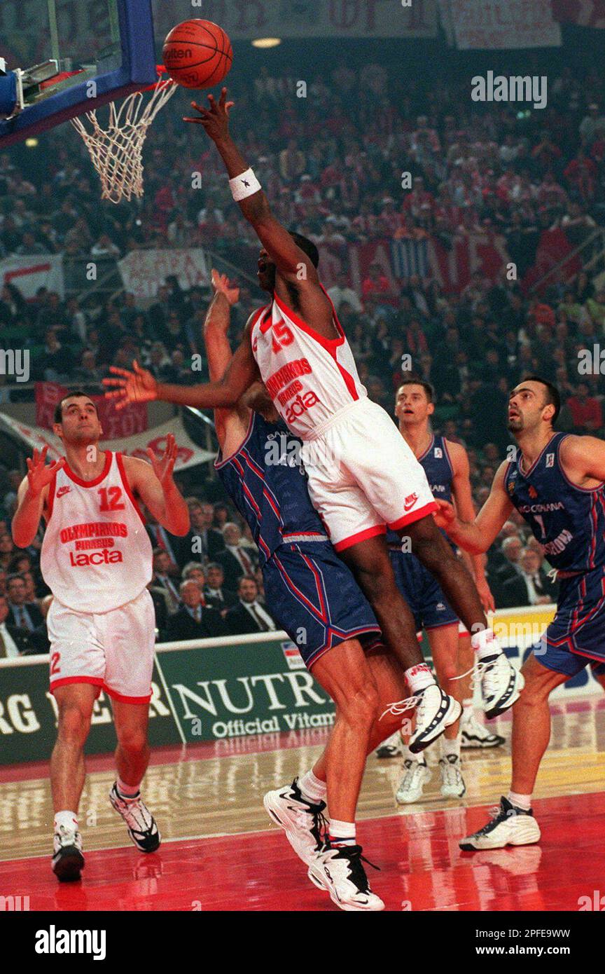 American David Rivers of Olympiakos of Piraeus scores during the European  Final Four basketball championship game against Barcelona in Rome Thursday  April 24, 1997. Rivers scored 26 points for Olympikas for its