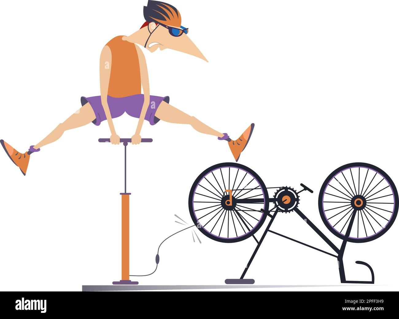 Cycliste et vélo cassé. Le cycliste gonfle la roue. Illustration de Vecteur