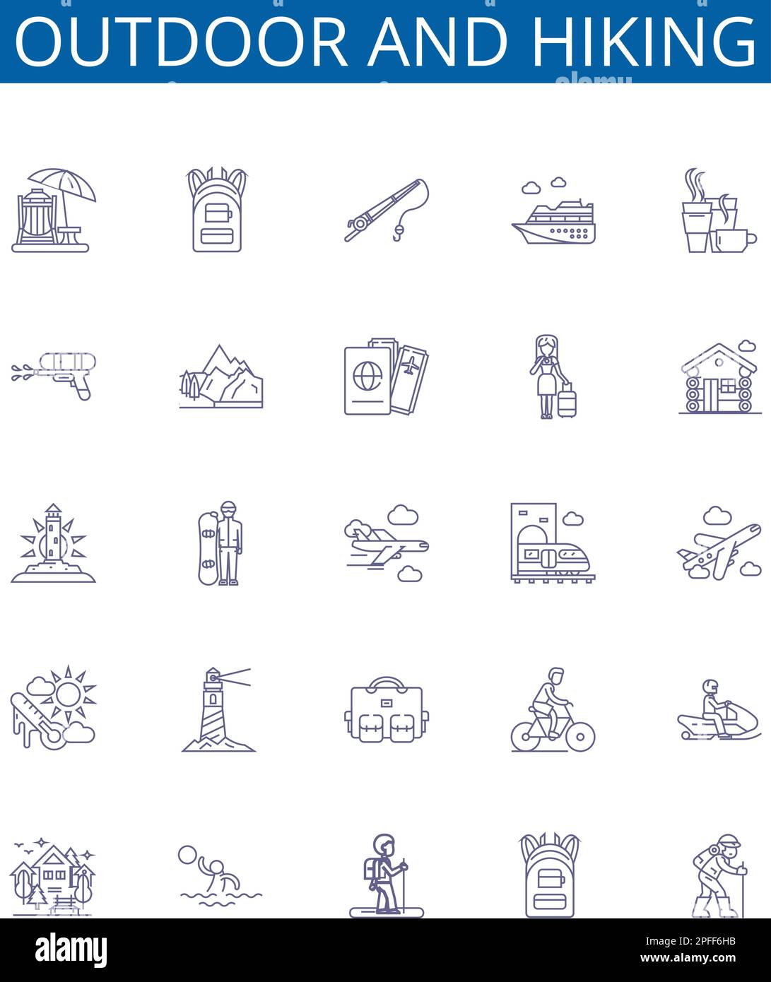 Des panneaux d'icônes de la ligne extérieure et de randonnée pédestre sont mis en place. Collection design de randonnée pédestre, plein air, Camping, sentiers, Backpacking, Montagne, aventure, plan d'escalade Illustration de Vecteur