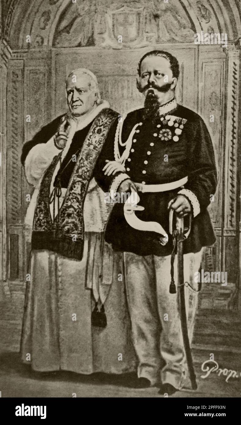 Portrait du pape Pie IX et du roi Vittorio Emanuele II entre 1860 et 1890. Banque D'Images