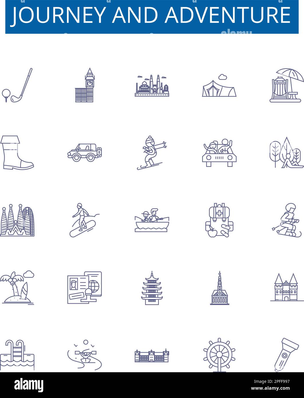 Ensemble de panneaux d'icônes de la ligne voyage et aventure. Collection design de Voyage, expédition, Trek, traverse, Roam, Expeditionary, Tour, exploration Outline Illustration de Vecteur