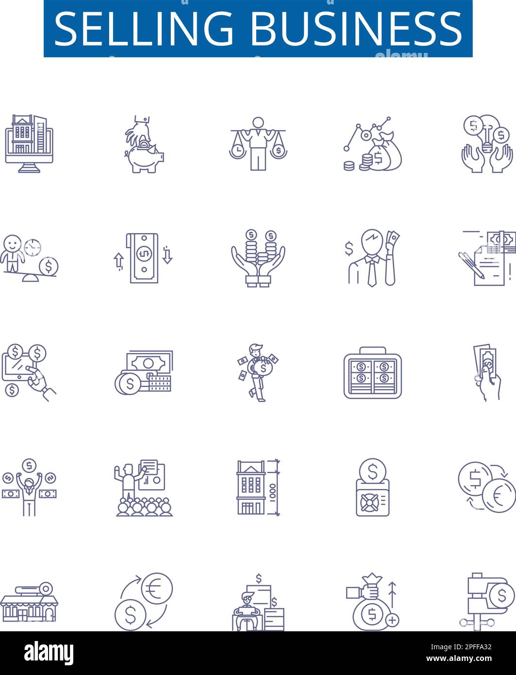 Mise en place des affiches d'icônes de secteur commercial de vente. Collection de conception de distributeurs automatiques, de merchandising, de négociation, de courtage, de marketing, Promotion, vente aux enchères, vente au détail Illustration de Vecteur